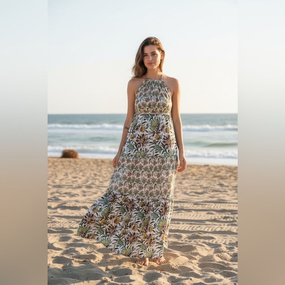 Banjanan Two-tone Mixed Pattern Patchwork Floral Halter Maxi Dress Open‎ back